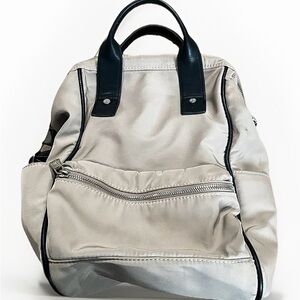 Co-Lab Mini Backpack Beige Nylon Faux Leather Trim Front Zip Pocket Travel Bag